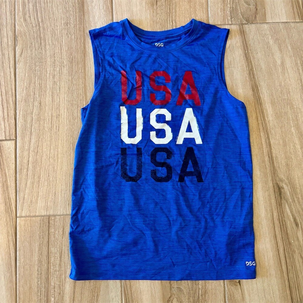 DSG Boys Tank Top Size L 14-16 Blue USA Graphic Sleeveless Athletic